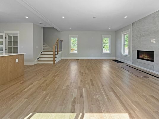 Empty room, Fireplace, Interior, Recessed Lighting, Wood Texture Flooring