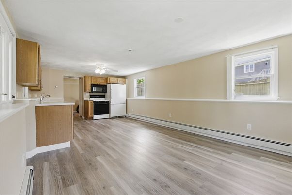 Empty room, Interior, Kitchen, Stainless Steel Appliances, Wood Texture Flooring