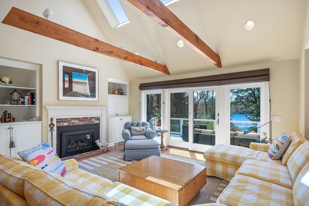 Fireplace, Interior, Living room, Recessed Lighting, Wooden Beams