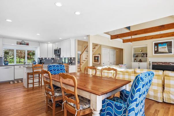 Dining room, Fireplace, Interior, Kitchen, Recessed Lighting, Wood Texture Flooring