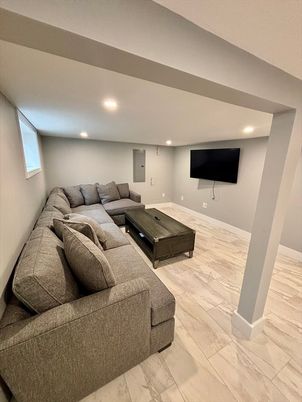 Interior, Living room, Marble, Recessed Lighting, Wood Texture Flooring