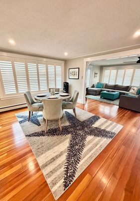 Dining room, Interior, Living room, Recessed Lighting, Wood Texture Flooring
