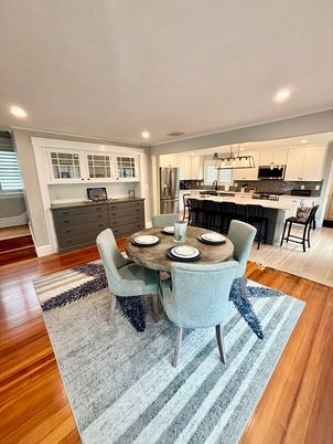 Dining room, Interior, Kitchen, Recessed Lighting, Stainless Steel Appliances, Wood Texture Flooring