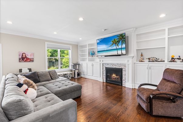 Fireplace, Interior, Living room, Recessed Lighting, Wood Texture Flooring