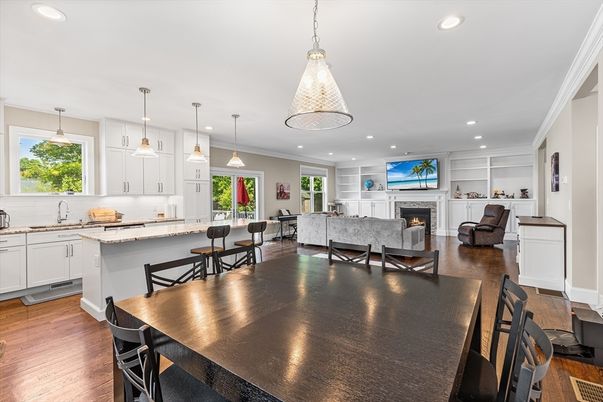 Dining room, Fireplace, Interior, Kitchen, Living room, Pendant Lights, Recessed Lighting, Wood Texture Flooring