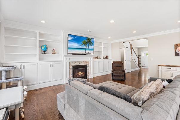 Fireplace, Interior, Living room, Recessed Lighting, Wood Texture Flooring