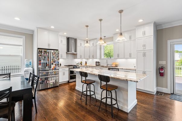 Interior, Kitchen, Pendant Lights, Recessed Lighting, Stainless Steel Appliances, Wood Texture Flooring