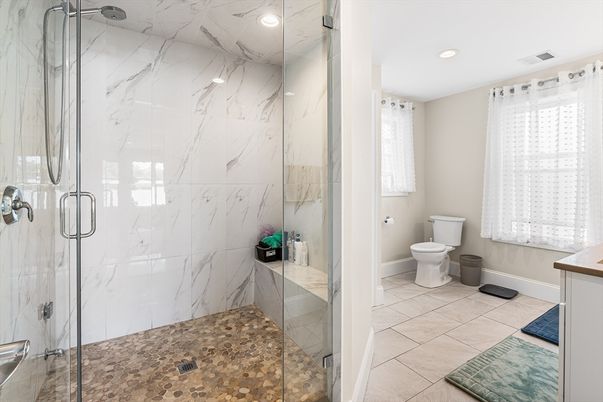 Bathroom, Glass Shower, Interior, Marble Walls, Recessed Lighting
