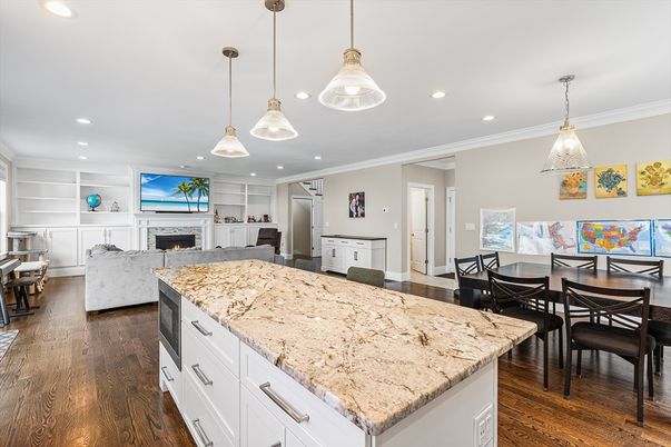 Dining room, Fireplace, Interior, Kitchen, Living room, Pendant Lights, Recessed Lighting, Wood Texture Flooring