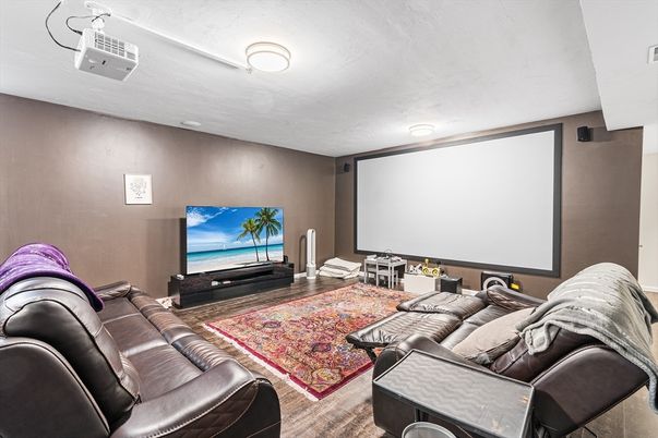 Interior, Projection Screen, Theatre Room, Wood Texture Flooring