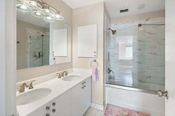 Bathroom, Dual Sink Vanities, Glass Shower, Interior, Marble Walls