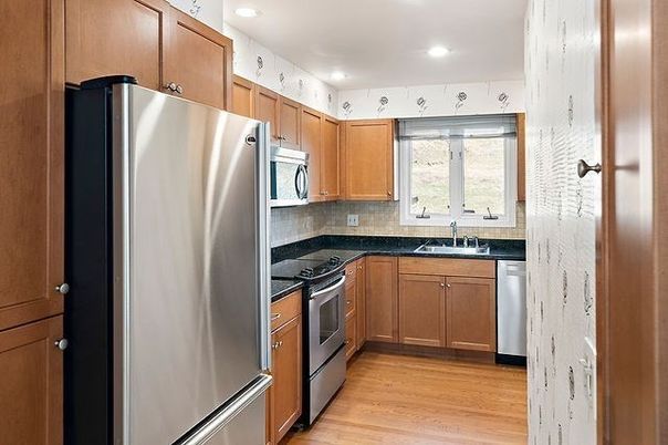 Interior, Kitchen, Recessed Lighting, Stainless Steel Appliances, Wood Texture Flooring
