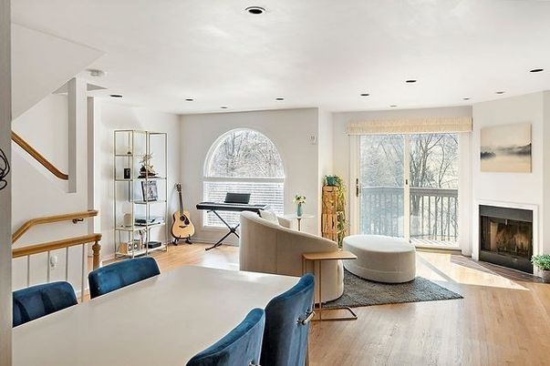 Dining room, Fireplace, Interior, Living room, Recessed Lighting, Wood Texture Flooring