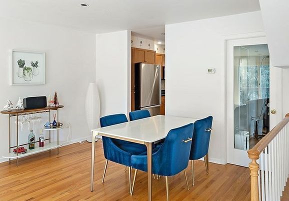 Dining room, Interior, Kitchen, Recessed Lighting, Stainless Steel Appliances, Wood Texture Flooring