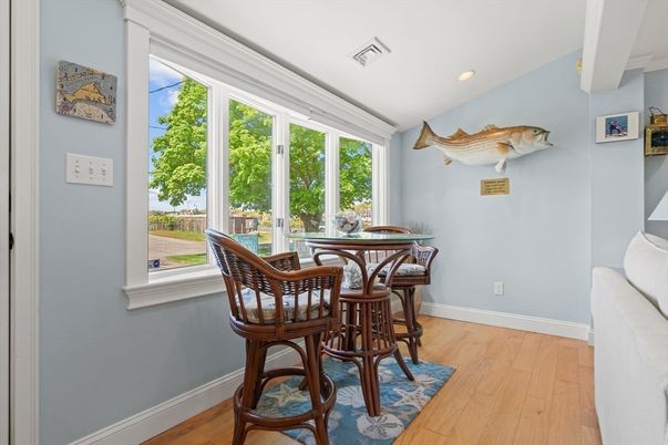 Dining room, Interior, Recessed Lighting, Wood Texture Flooring