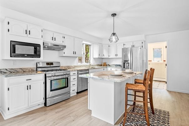 Interior, Kitchen, Pendant Lights, Stainless Steel Appliances, Wood Texture Flooring