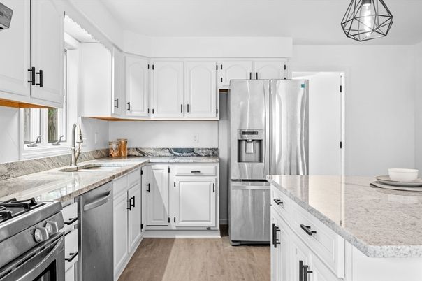 Interior, Kitchen, Pendant Lights, Stainless Steel Appliances, Wood Texture Flooring