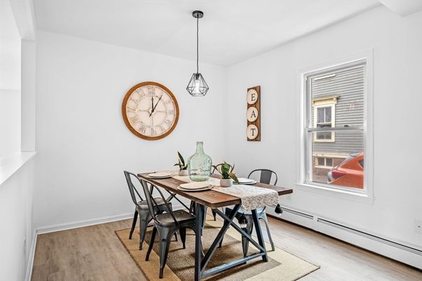 Dining room, Interior, Pendant Lights, Wood Texture Flooring