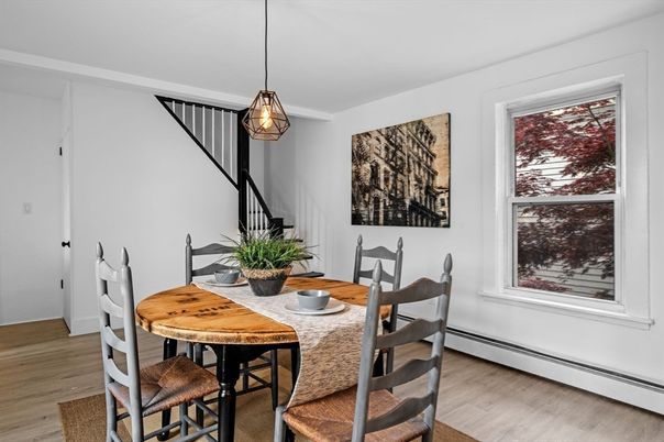 Dining room, Interior, Pendant Lights, Wood Texture Flooring