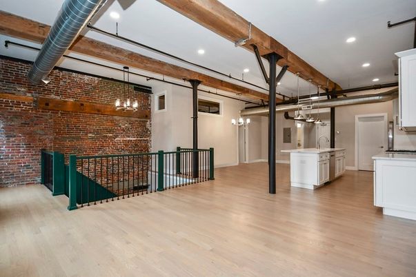 Interior, Kitchen, Pendant Lights, Recessed Lighting, Stone Walls, Washer, Wooden Beams, Wood Texture Flooring