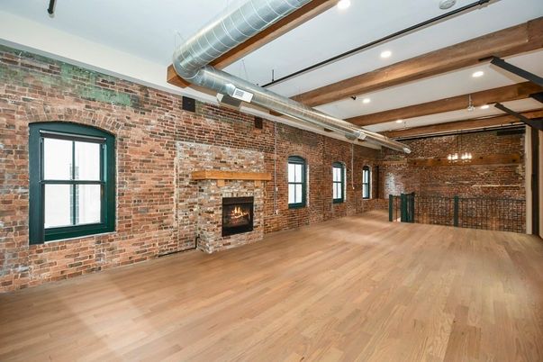 Empty room, Fireplace, Interior, Recessed Lighting, Stone Walls, Wooden Beams, Wood Texture Flooring