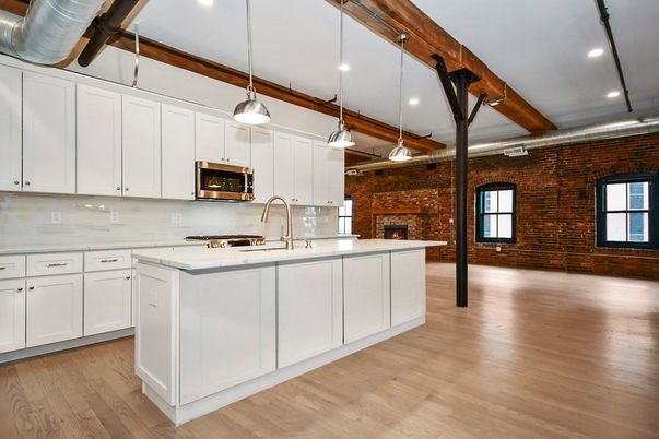 Fireplace, Interior, Kitchen, Pendant Lights, Recessed Lighting, Stone Walls, Wooden Beams, Wood Texture Flooring