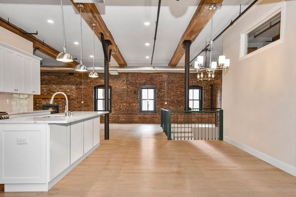 Interior, Kitchen, Pendant Lights, Recessed Lighting, Stone Walls, Wooden Beams, Wood Texture Flooring