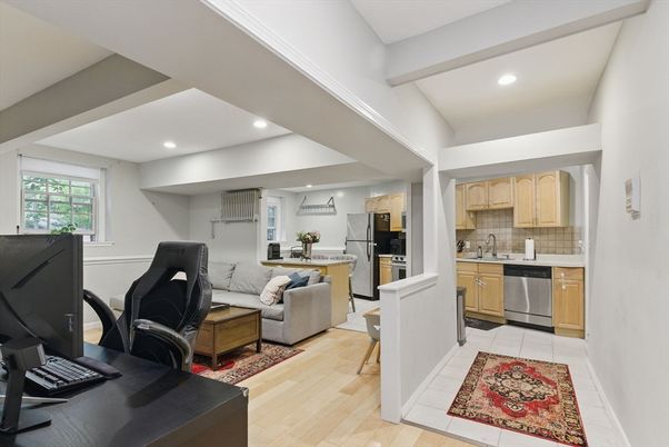 Interior, Kitchen, Living room, Recessed Lighting, Stainless Steel Appliances, Wood Texture Flooring