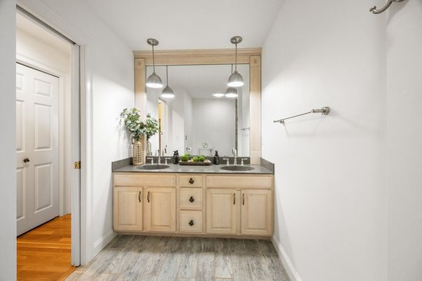 Bathroom, Dual Sink Vanities, Interior, Pendant Lights, Wood Texture Flooring