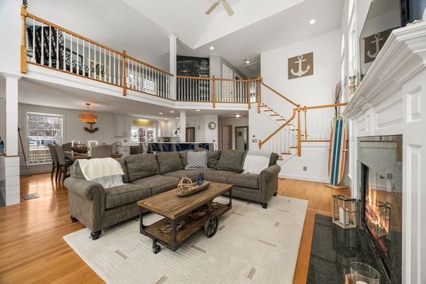 Dining room, Fireplace, Interior, Living room, Recessed Lighting, Wood Texture Flooring