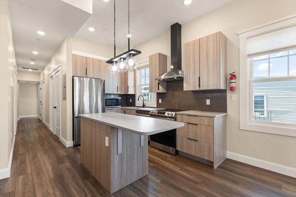 Interior, Kitchen, Pendant Lights, Recessed Lighting, Stainless Steel Appliances, Wood Texture Flooring
