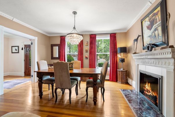 Chandelier, Dining room, Fireplace, Interior, Wood Texture Flooring