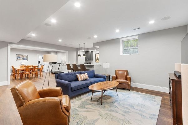 Dining room, Interior, Kitchen, Living room, Pendant Lights, Recessed Lighting, Stainless Steel Appliances, Wood Texture Flooring
