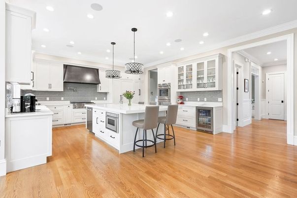 Interior, Kitchen, Pendant Lights, Recessed Lighting, Stainless Steel Appliances, Wood Texture Flooring
