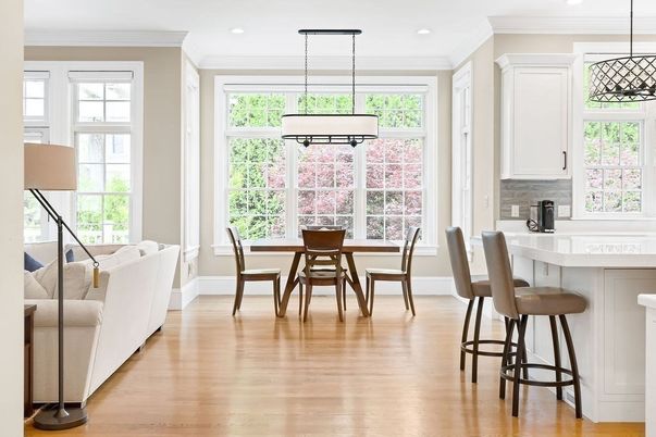 Dining room, Interior, Pendant Lights, Recessed Lighting, Wood Texture Flooring