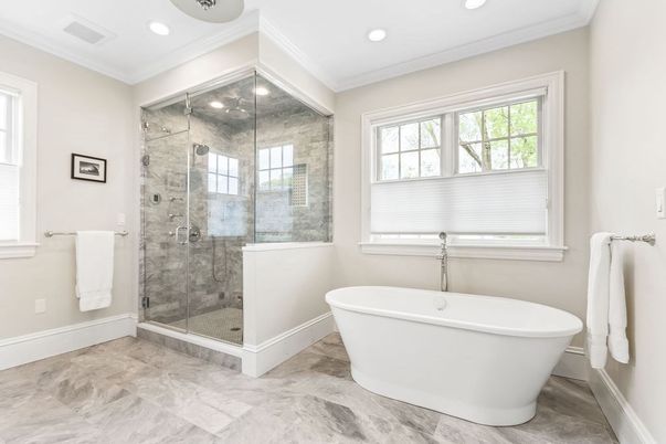Bathroom, Free Standing Baths, Glass Shower, Interior, Marble, Recessed Lighting