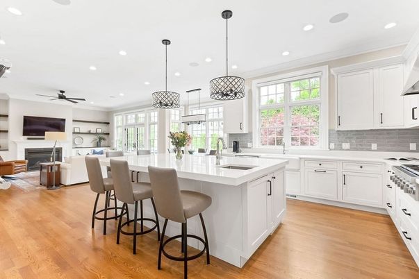Fireplace, Interior, Kitchen, Living room, Pendant Lights, Recessed Lighting, Wood Texture Flooring