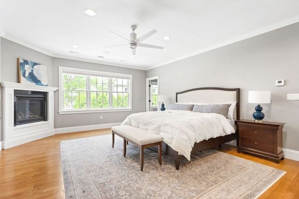 Bedroom, Fireplace, Interior, Recessed Lighting, Wood Texture Flooring