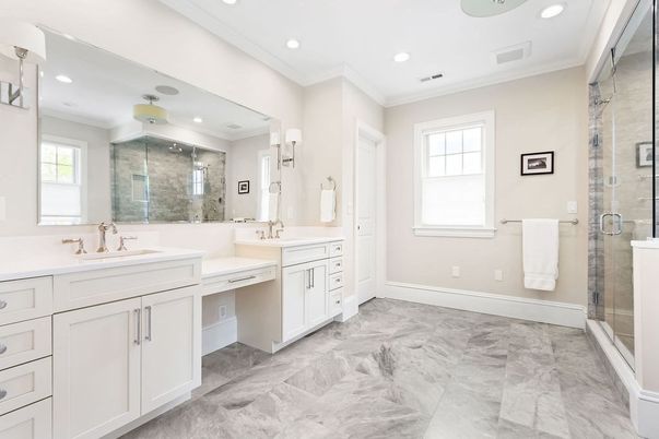 Bathroom, Dual Sink Vanities, Glass Shower, Interior, Marble, Recessed Lighting