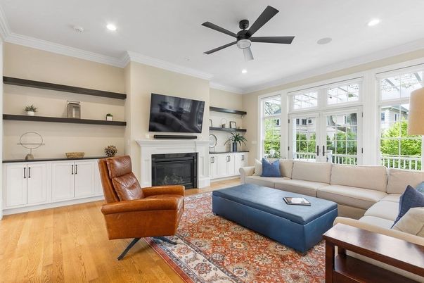 Fireplace, Interior, Living room, Recessed Lighting, Wood Texture Flooring
