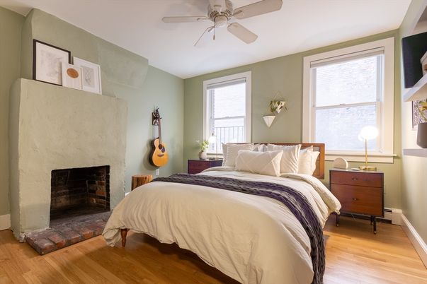 Bedroom, Fireplace, Interior, Wood Texture Flooring
