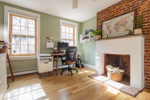 Fireplace, Home Office, Interior, Stone Walls, Wood Texture Flooring