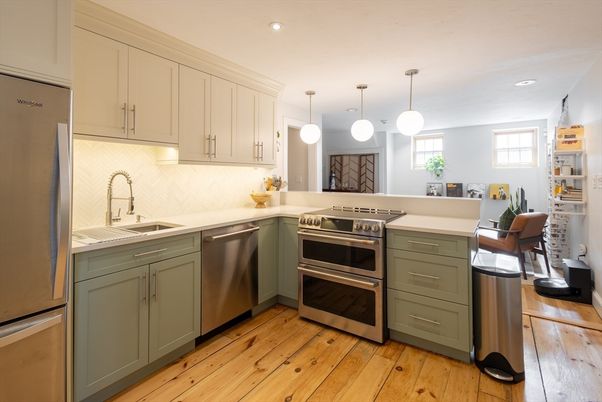 Interior, Kitchen, Pendant Lights, Recessed Lighting, Stainless Steel Appliances, Wood Texture Flooring