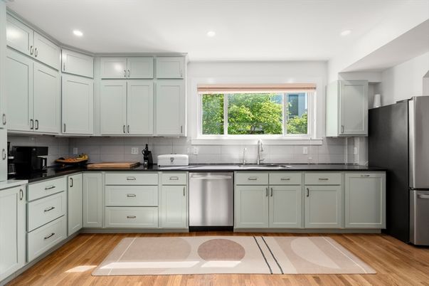 Interior, Kitchen, Recessed Lighting, Stainless Steel Appliances, Wood Texture Flooring