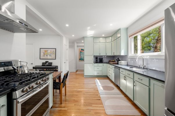 Interior, Kitchen, Recessed Lighting, Stainless Steel Appliances, Wood Texture Flooring