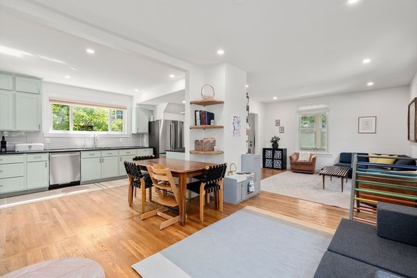 Dining room, Interior, Kitchen, Living room, Recessed Lighting, Stainless Steel Appliances, Wood Texture Flooring
