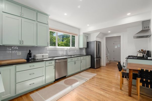 Interior, Kitchen, Recessed Lighting, Stainless Steel Appliances, Wood Texture Flooring