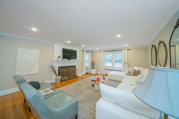Fireplace, Interior, Living room, Recessed Lighting, Wood Texture Flooring