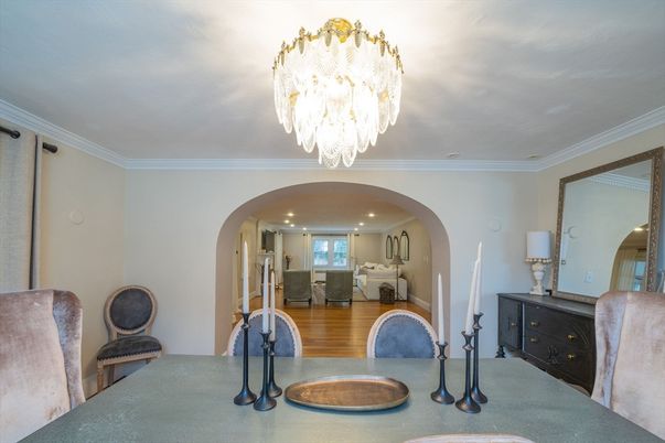 Chandelier, Dining room, Fireplace, Interior, Living room, Recessed Lighting, Wood Texture Flooring
