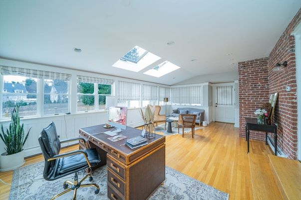 Home Office, Interior, Recessed Lighting, Stone Walls, Wood Texture Flooring